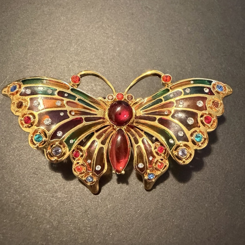 NICE! Vintage Enamel Crystal Butterfly Brooch Joan Rivers Rhinestone Gold Tone